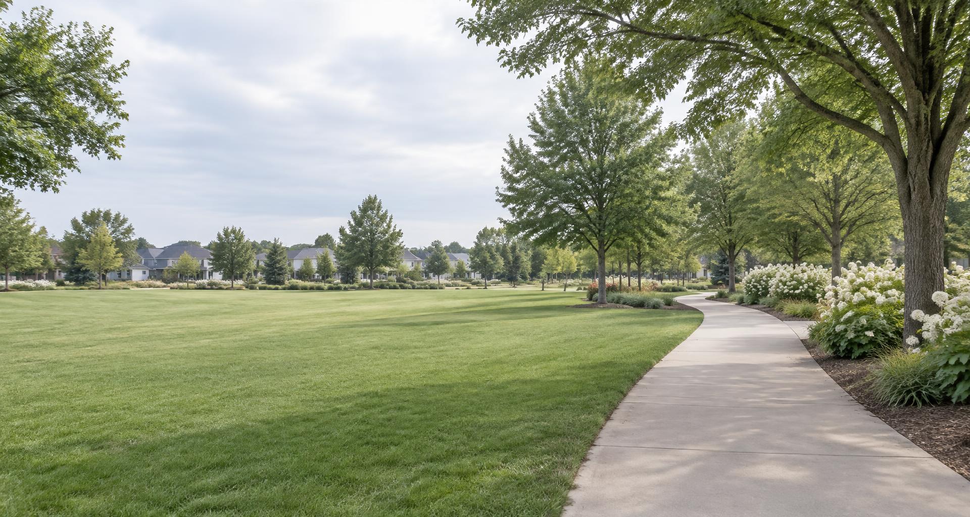 Illustrative neighborhood green space with a tree-lined walking path